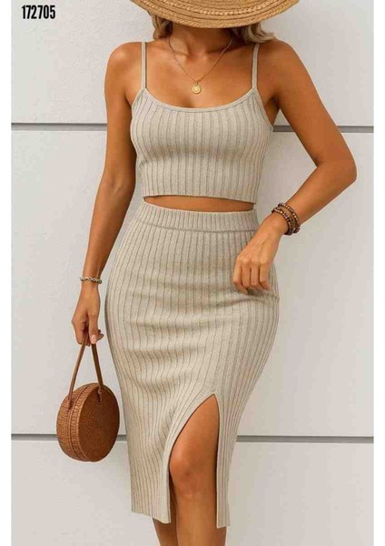 Kadın Kolsuz Askılı Crop Yırtmaçlı Midi Etek Fitilli Kaşkorse Takım, Kırmızı Gül Figürlü Kolye Hediye