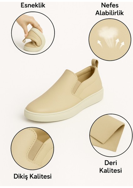 El Yapımı Hakiki Deri Krem Kadın Hafif Esnek Rahat Şık Yürüyüş Ortapedik Iş Ofis Günlük Ayakkabı