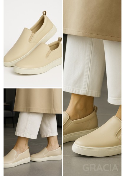 El Yapımı Hakiki Deri Krem Kadın Hafif Esnek Rahat Şık Yürüyüş Ortapedik Iş Ofis Günlük Ayakkabı