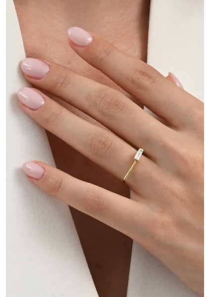 Gümüş Altın Yaldızlı Baget Kesim Zirkon Taşlı Geometrik Yüzük