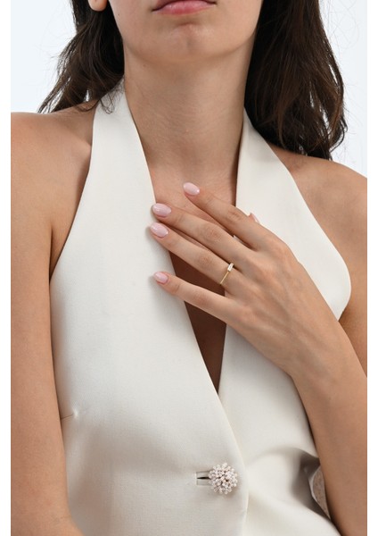 Gümüş Altın Yaldızlı Baget Kesim Zirkon Taşlı Geometrik Yüzük fiyatları