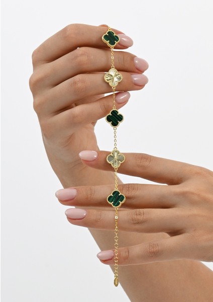 Gümüş Altın Yaldızlı Malakit (Malahit) Taşlı Tasarım Yonca Bileklik SGTL12560YESIL