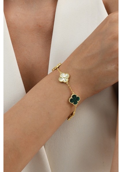 Gümüş Altın Yaldızlı Malakit (Malahit) Taşlı Tasarım Yonca Bileklik SGTL12560YESIL fiyatları