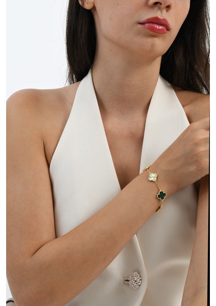 Gümüş Altın Yaldızlı Malakit (Malahit) Taşlı Tasarım Yonca Bileklik SGTL12560YESIL modelleri