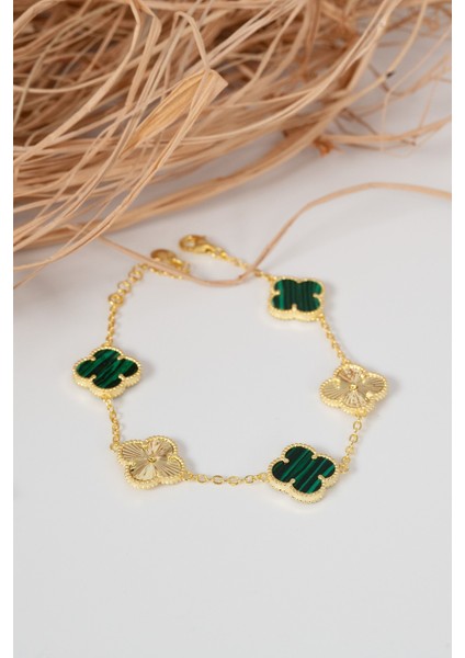 Gümüş Altın Yaldızlı Malakit (Malahit) Taşlı Tasarım Yonca Bileklik SGTL12560YESIL fırsatları