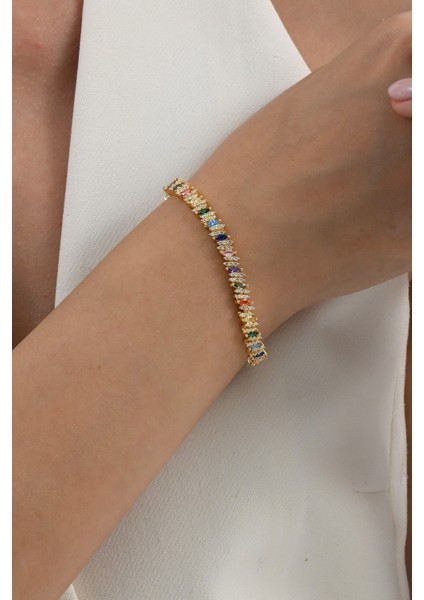 925 Ayar Gümüş Altın Yaldızlı Renkli Marquise (Markiz) Kesim Zirkon Taşlı Işıltı Seli Gümüş Bileklik SGTL13069GOLD