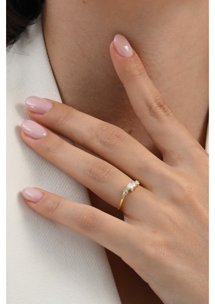 Gümüş Altın Yaldızlı Damla (Pear) Kesim Zirkon Taşlı Nazende Yüzük