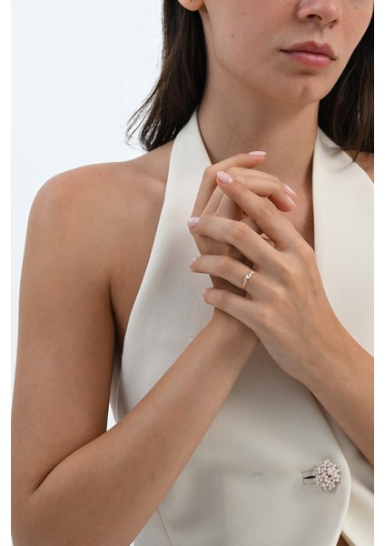 Gümüş Altın Yaldızlı Damla (Pear) Kesim Zirkon Taşlı Nazende Yüzük modelleri