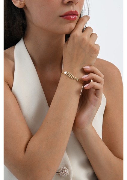 925 Ayar Gümüş Altın Yaldızlı Sedef ve Baget Kesim Zirkon Taşlı Asansörlü Balık Gümüş Bileklik SGTL13057GOLD fırsatları