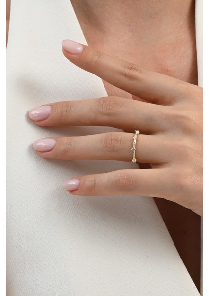 925 Ayar Gümüş Altın Yaldızlı Zirkon Taşlı Fine Yüzük