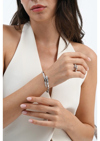 925 Ayar Gümüş Rodyumlu Zirkon Taşlı Özel Tasarım Yılan Bilezik ve Yüzük Seti SGTL13046RODAJ modelleri