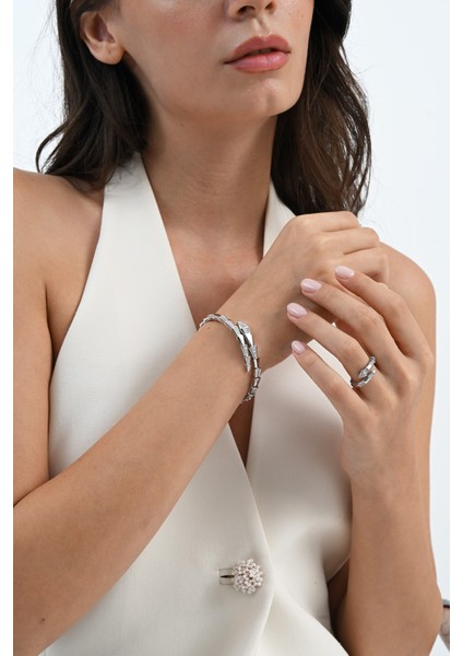 925 Ayar Gümüş Rodyumlu Zirkon Taşlı Özel Tasarım Yılan Bilezik ve Yüzük Seti SGTL13046RODAJ fırsatları