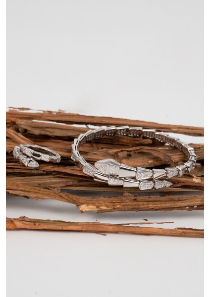 925 Ayar Gümüş Rodyumlu Zirkon Taşlı Özel Tasarım Yılan Bilezik ve Yüzük Seti SGTL13046RODAJ indirimleri