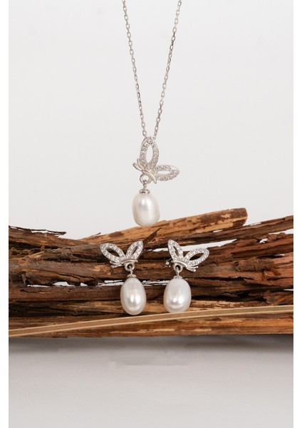 Gümüş Rodyumlu Zirkon Taşlı Kelebek Modeli Kolye ve Küpeden Oluşan Ikili Sallantılı Incili Set SGTL13036RODAJ fiyatları