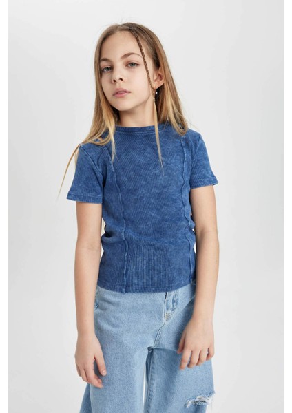 Kız Çocuk Slim Fit Dar Kesim Bisiklet Yaka Fitilli Kaşkorse Kısa Kollu Tişört C3187A824SM