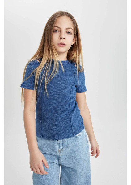 Kız Çocuk Slim Fit Dar Kesim Bisiklet Yaka Fitilli Kaşkorse Kısa Kollu Tişört C3187A824SM