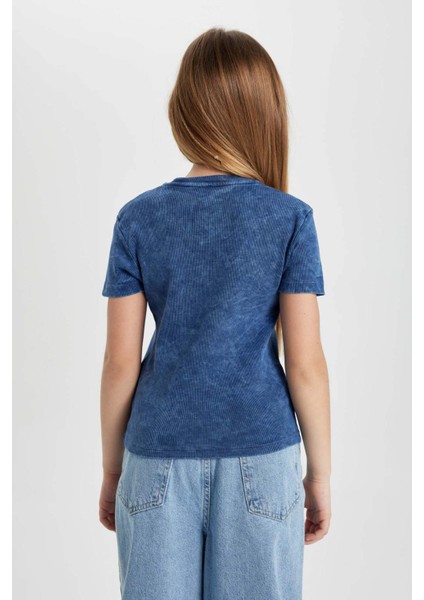 Kız Çocuk Slim Fit Dar Kesim Bisiklet Yaka Fitilli Kaşkorse Kısa Kollu Tişört C3187A824SM