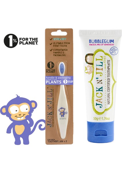 Jack N’jill Doğal Sertifikalı Bebek/çocuk Diş Seti (Monkey Diş Fırçası + Sakız Aromalı Diş Macunu 50G)
