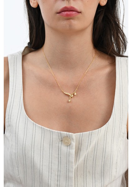 925 Ayar Gümüş Altın Yaldızlı Zirkon Taşlı Sarkan Laleler Tomurcuk Kolye SGTL13092GOLD