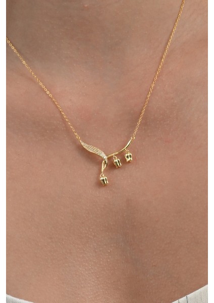 925 Ayar Gümüş Altın Yaldızlı Zirkon Taşlı Sarkan Laleler Tomurcuk Kolye SGTL13092GOLD fiyatları