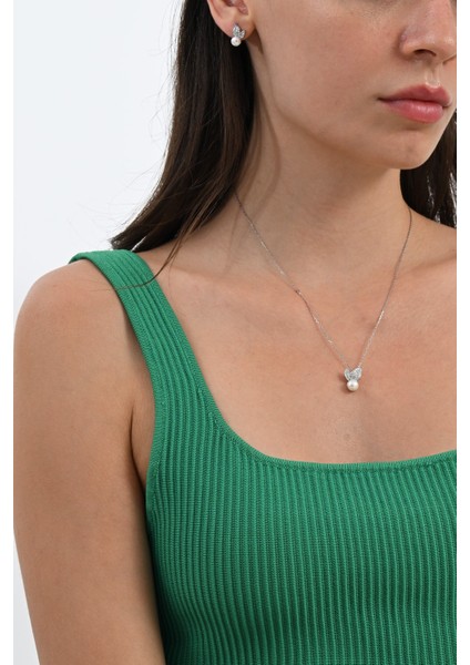 Gümüş Rodyumlu Zirkon Taşlı Yaprak Modeli Kolye ve Küpeden Oluşan Ikili Incili Set SGTL13035RODAJ indirimleri