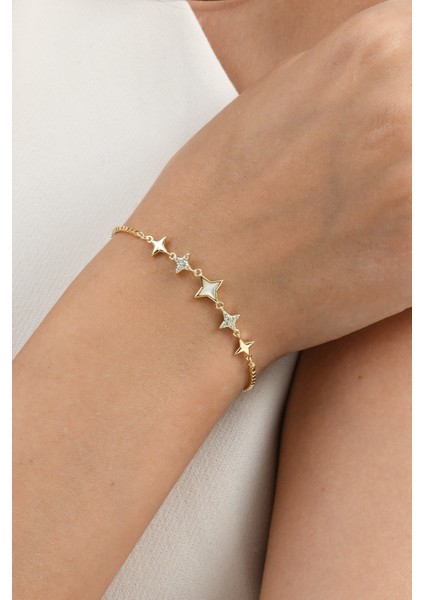 925 Ayar Gümüş Altın Yaldızlı Sedef ve Zirkon Taşlı Sıralı Kuzey Işığı Gümüş Bileklik SGTL13061GOLD