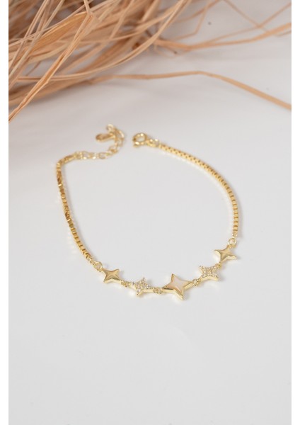 925 Ayar Gümüş Altın Yaldızlı Sedef ve Zirkon Taşlı Sıralı Kuzey Işığı Gümüş Bileklik SGTL13061GOLD fırsatları