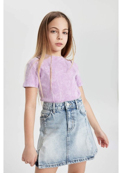 Kız Çocuk Slim Fit Dar Kesim Bisiklet Yaka Fitilli Kaşkorse Kısa Kollu Tişört C3187A824SM