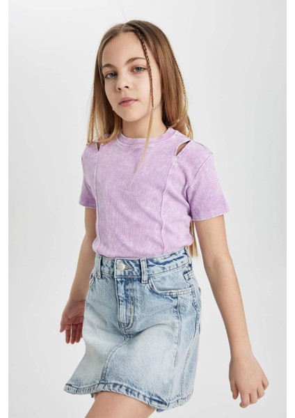 Kız Çocuk Slim Fit Dar Kesim Bisiklet Yaka Fitilli Kaşkorse Kısa Kollu Tişört C3187A824SM