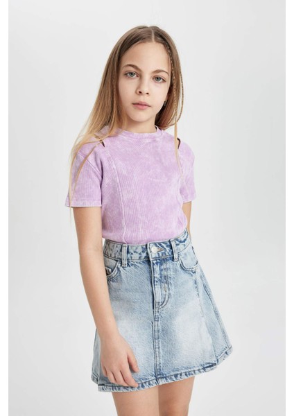 Kız Çocuk Slim Fit Dar Kesim Bisiklet Yaka Fitilli Kaşkorse Kısa Kollu Tişört C3187A824SM