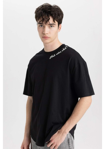 Boxy Fit Bisiklet Yaka Yaka Baskılı Baskılı Kısa Kollu Tişört