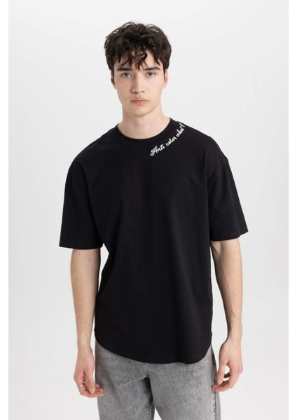 Boxy Fit Bisiklet Yaka Yaka Baskılı Baskılı Kısa Kollu Tişört