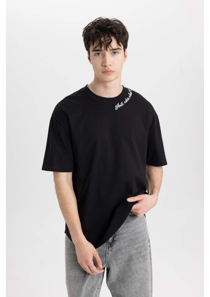 Boxy Fit Bisiklet Yaka Yaka Baskılı Baskılı Kısa Kollu Tişört