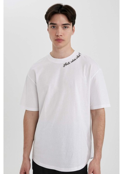 Boxy Fit Bisiklet Yaka Yaka Baskılı Baskılı Kısa Kollu Tişört