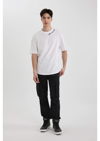 Boxy Fit Bisiklet Yaka Yaka Baskılı Baskılı Kısa Kollu Tişört