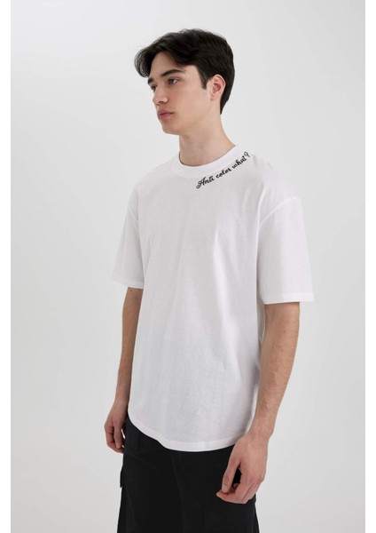 Boxy Fit Bisiklet Yaka Yaka Baskılı Baskılı Kısa Kollu Tişört