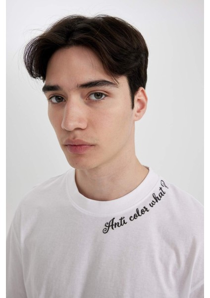 Boxy Fit Bisiklet Yaka Yaka Baskılı Baskılı Kısa Kollu Tişört