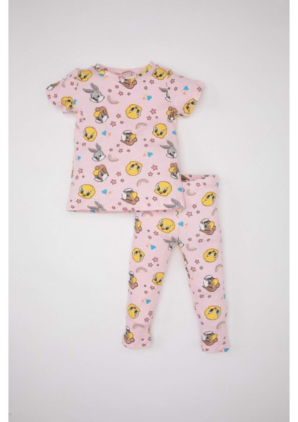 Kız Bebek Looney Tunes Pijama Takımı Fitilli Kaşkorse Bisiklet Yaka Kısa Kollu Üst Beli Lastikli Uzun Alt C2032A524SM