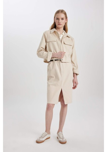 Kalem Normal Bel Yırtmaçlı Gabardin Midi Etek