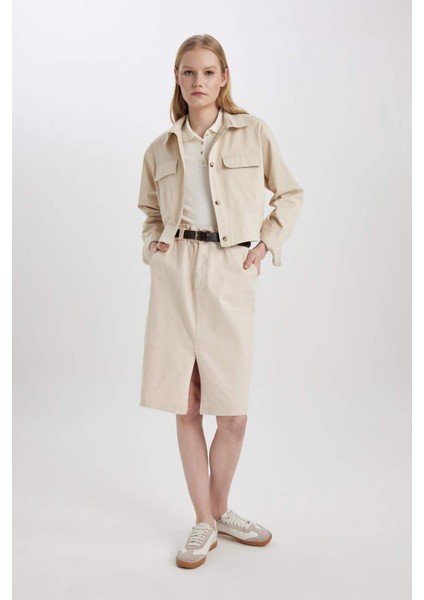 Kalem Normal Bel Yırtmaçlı Gabardin Midi Etek