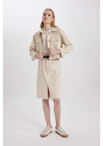 Kalem Normal Bel Yırtmaçlı Gabardin Midi Etek