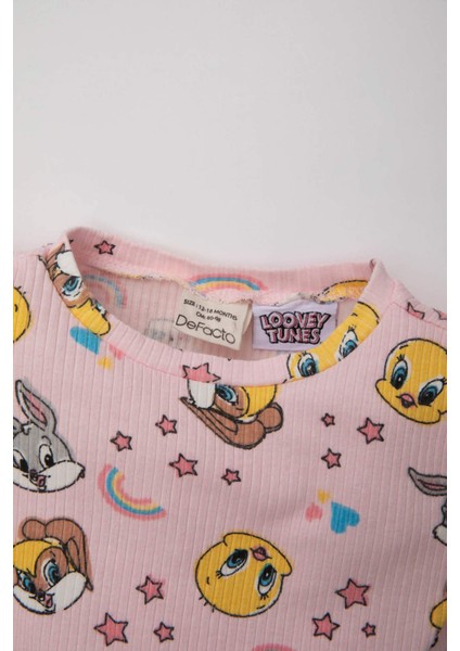 Kız Bebek Looney Tunes Pijama Takımı Fitilli Kaşkorse Bisiklet Yaka Kısa Kollu Üst Beli Lastikli Uzun Alt C2032A524SM
