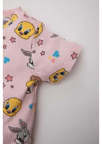 Kız Bebek Looney Tunes Pijama Takımı Fitilli Kaşkorse Bisiklet Yaka Kısa Kollu Üst Beli Lastikli Uzun Alt C2032A524SM