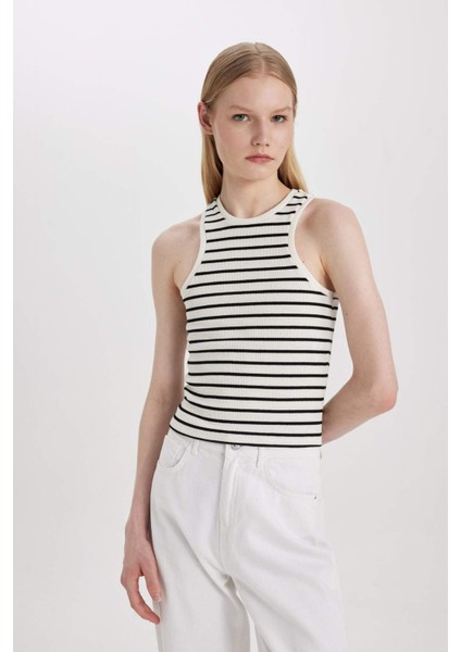 Slim Fit Dar Kesim Çizgili Halter Yaka Fitilli Kaşkorse Atlet C3119AX24SP