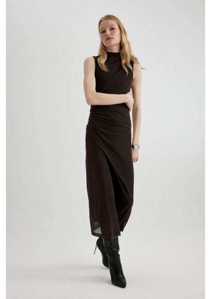 Bodycon Vücudu Saran Yarım Balıkçı Yaka Basic Düz Tül Kolsuz Maxi Abiye Elbise