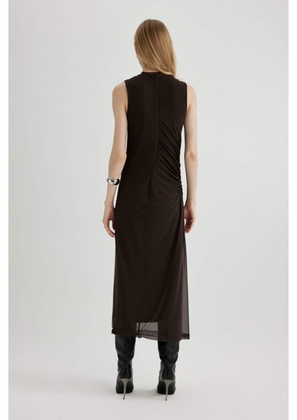 Bodycon Vücudu Saran Yarım Balıkçı Yaka Basic Düz Tül Kolsuz Maxi Abiye Elbise