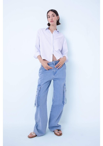 Oversize Geniş Kalıp Çizgili Yaka Boncuk Detay Oxford Uzun Kollu Gömlek B9322AX24SP