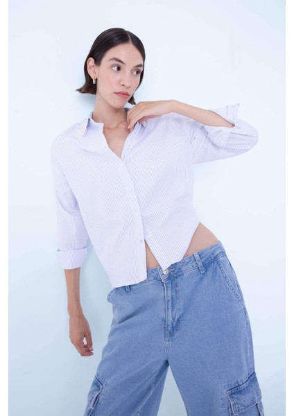 Oversize Geniş Kalıp Çizgili Yaka Boncuk Detay Oxford Uzun Kollu Gömlek B9322AX24SP