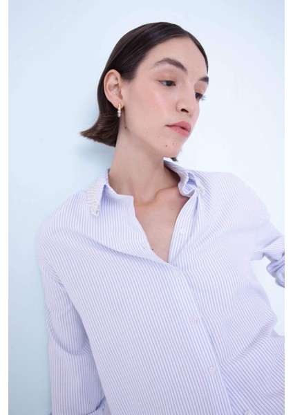 Oversize Geniş Kalıp Çizgili Yaka Boncuk Detay Oxford Uzun Kollu Gömlek B9322AX24SP