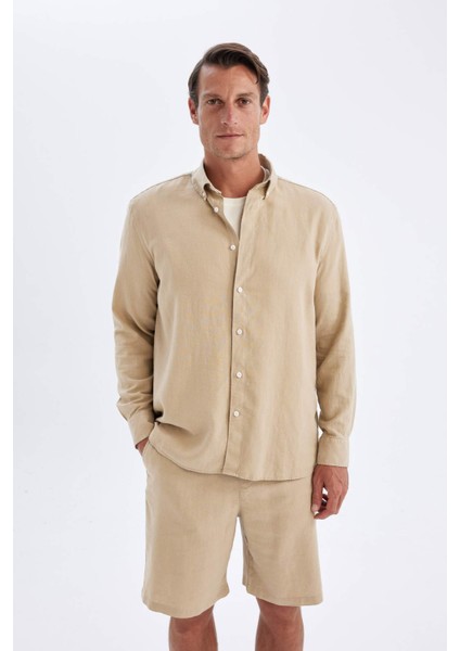 Relax Fit Polo Yaka Keten Karışımlı Pamuklu Uzun Kollu Gömlek C1106AX24SM